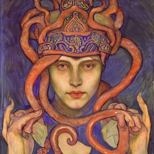 Image similar to the tentacle crown, by Annie Swynnerton!! and Nicholas Roerich! and (((Diego Rivera))), bioluminescent skin, tattoos, elaborate costume, geometric ornament, symbolist, rich colors, dramatic lighting, smooth, sharp focus, extremely detailed