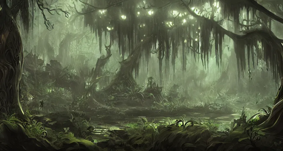 Image similar to A dense and dark enchanted forest with a swamp, by League of Legends concept artists