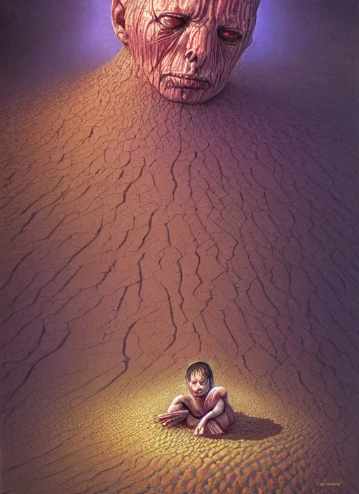 Prompt: realistic detailed image of a little sick small boy drowning in a huge sand desert. a !!thin stream of sand!!! falls from the sky in to eternity of outer space. by Ayami Kojima, Amano, Karol Bak, Greg Hildebrandt, and Mark Brooks, Neo-Gothic, gothic, rich deep colors. Beksinski painting, part by Adrian Ghenie and Gerhard Richter. art by Takato Yamamoto. masterpiece