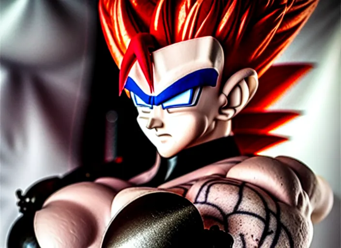 Prompt: award winning 5 5 mm close up face portrait photo of vegeta from dragon ball z, wearing an eye patch, redhead woman with blood - red by luis royo