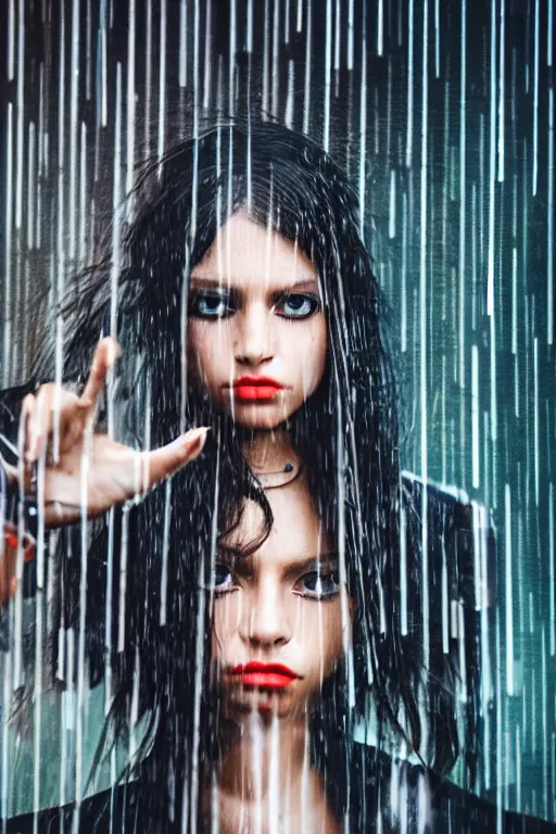 Prompt: portrait photo of cyberpunk peru girl under rain, fashion editorial photography, from vogue magazine, symmetrical face, big eyes, pointing blaster at camera