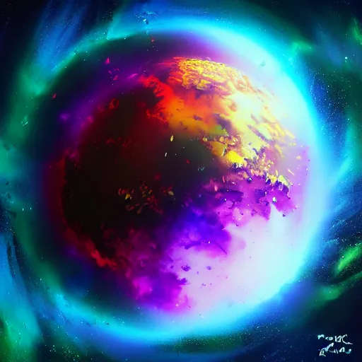 Prompt: a planet exploding, evil colours, painting, digital art