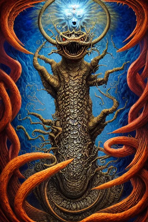 Image similar to A beautiful detailed grotesque godness monster super cute tarot card, by tomasz alen kopera and Justin Gerard, symmetrical features, ominous, magical realism, texture, intricate, ornate, royally decorated, mechanic, skeleton, whirling smoke, embers, red adornements, blue torn fabric, radiant colors, fantasy, trending on artstation, volumetric lighting, micro details, 3d sculpture, ray tracing, 8k, anaglyph effect, digital art