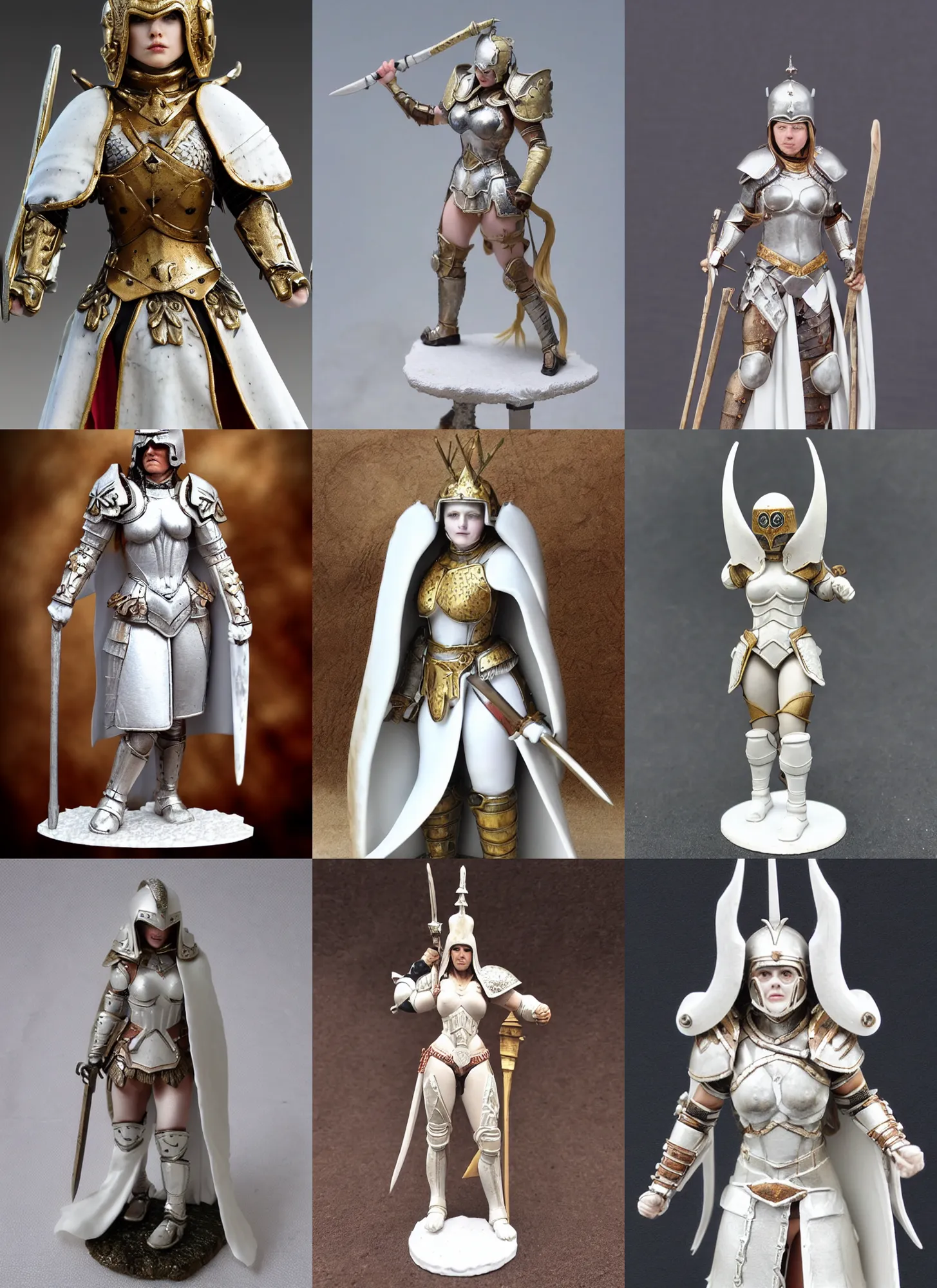 Prompt: 80mm resin detailed miniature of a Very muscular white woman, Queen of war, armor, iron mask and helmet, white long cloak, on textured base; Miniature Photos, 4K, Full body; Front view