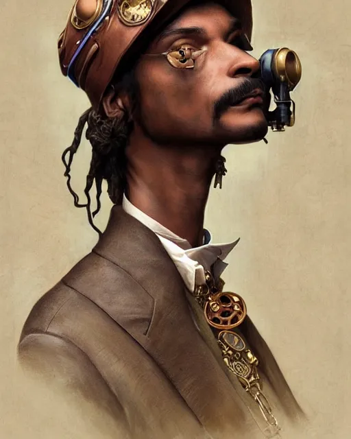 Prompt: steampunk snoop dog, masterpiece, intricate, elegant, highly detailed, digital painting, artstation, concept art, smooth, sharp focus, illustration, art by artgerm and greg rutkowski and alphonse mucha and uang guangjian and gil elvgren and sachin teng, symmetry!!
