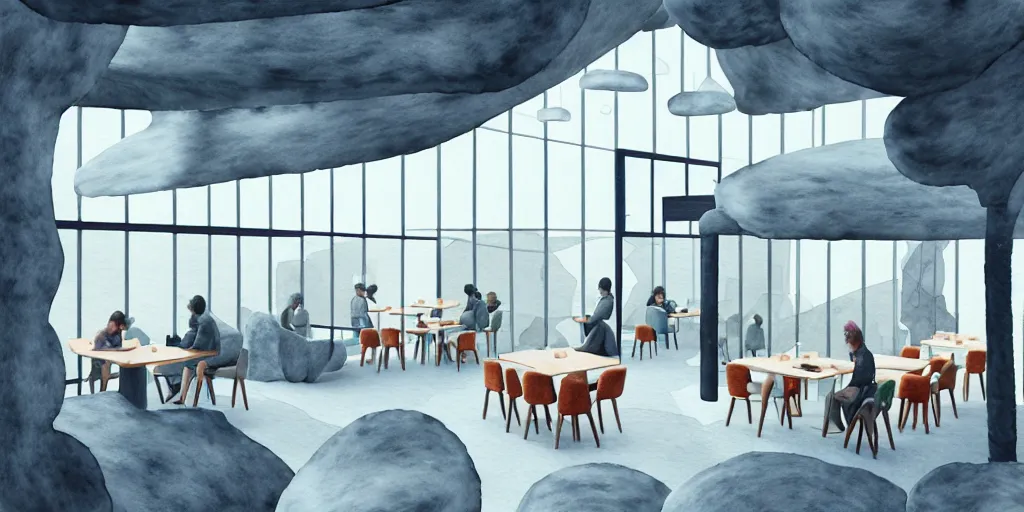 Image similar to an indoor modern cafe, watercolor and wool felting style, design by beeple, isometric style