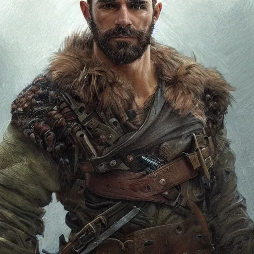 Image similar to portrait of a rugged ranger, coherent hands, handsome, muscular, upper body, leather, hairy torso, d & d, fantasy, intricate, elegant, highly detailed, digital painting, artstation, concept art, smooth, sharp focus, illustration, art by artgerm and greg rutkowski and alphonse mucha