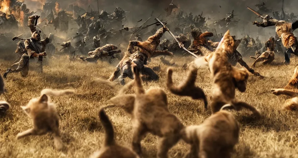 Image similar to epic battle scene cats versus humans, the last stand, Epic Background, highly detailed, sharp focus, 8k, 35mm, cinematic lighting