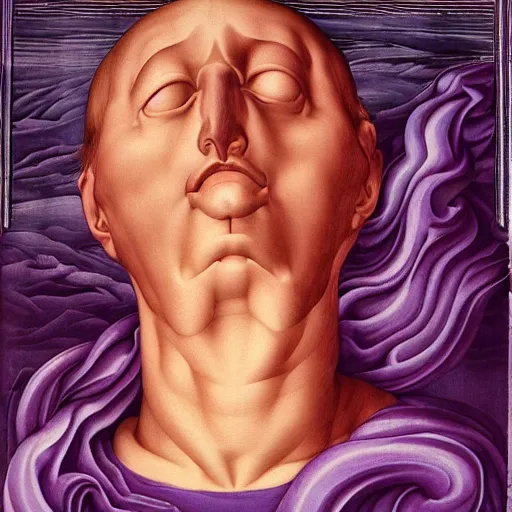 Image similar to washed - out outrun, tyrian purple by evelyn de morgan. a beautiful installation art of a giant head. the head is bald & has a big nose. the eyes are wide open & have a crazy look. the mouth is open & has sharp teeth. the neck is long & thin.