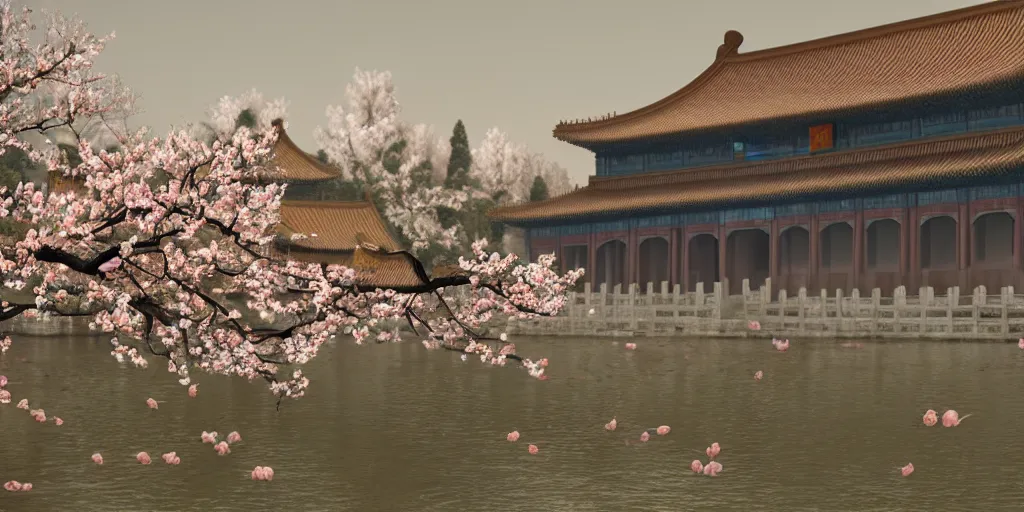 Image similar to spring in the forbidden city, peach blossom, prometheus film style, realistic, cinematic, trending on artstation, 8 k,