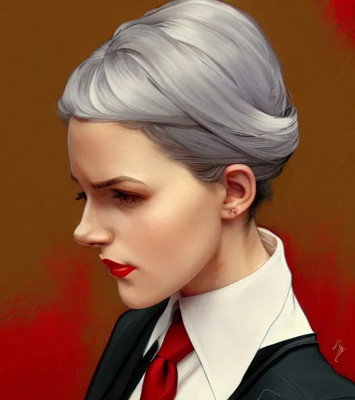 Prompt: a girl wearing a business suit, grey hair, red necktie, cinematic, stunning, highly detailed, digital painting, artstation, smooth, hard focus, full body shot, illustration, art by artgerm and greg rutkowski and alphonse mucha