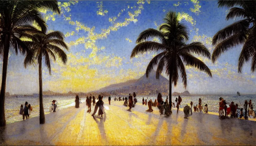 Image similar to a ultradetailed beautiful painting of the thunderstorm sky of the rio de janeiro palace balustrade designed by jules bastien - lepage, tarsila do amaral, frank weston and gustave baumann, beach, trending on artstation, mediterranean, palm trees, sharp focus, colorful refracted sparkles and lines, soft light, 8 k 4 k