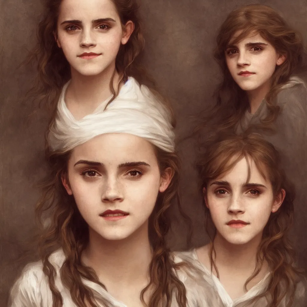 Prompt: Painting of Emma Watson as Hermione Granger. Prisoner of Azkaban. Cheerful. Happy. Art by william adolphe bouguereau. During golden hour. Extremely detailed. Beautiful. 4K. Award winning.