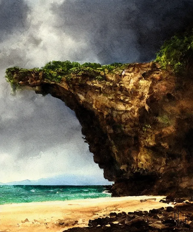 Image similar to photorealistic painting of turtle bay beach jamaica, sharp cliffs, island with cave, dark, atmospheric, brooding, smooth, finely detailed, cinematic, epic, in the style of dave dorman