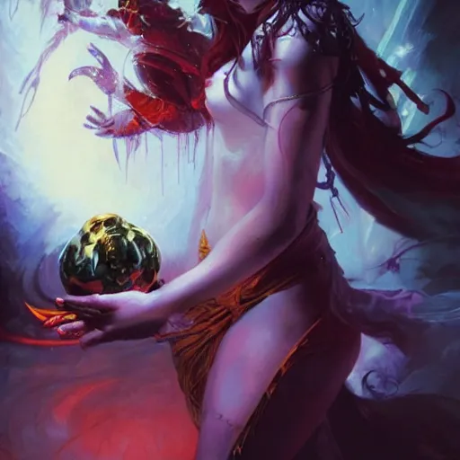 Prompt: a beautiful artwork of a dark sorceress performing magic, by raymond swanland and jesper ejsing, featured on art station