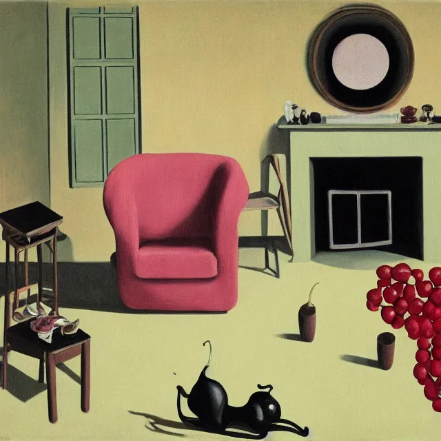 Image similar to a female pathology student in her apartment, wild berry vines, pig, black walls, ikebana, pear, snakes, black armchair, sculpture, acrylic on canvas, surrealist, by magritte and monet