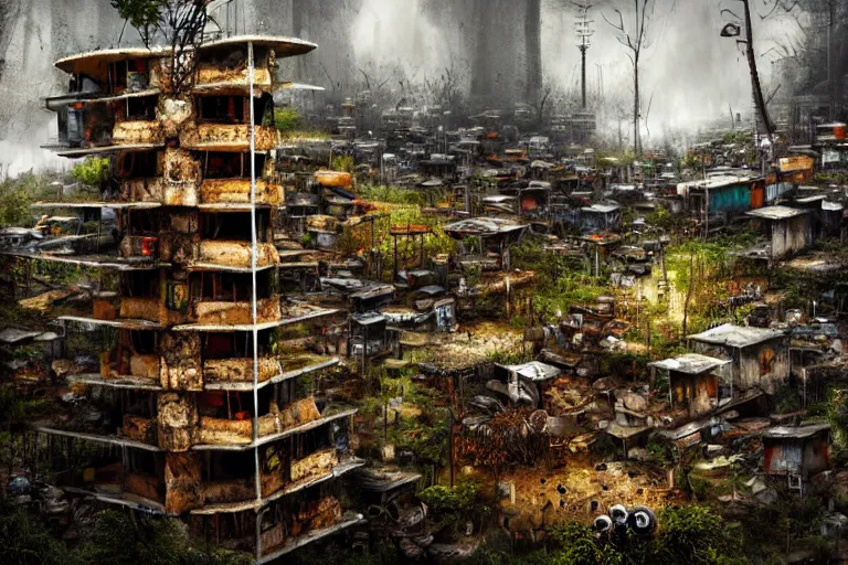 Image similar to favela fungus beehive, wooded environment, industrial factory, apocalyptic, award winning art, epic dreamlike fantasy landscape, ultra realistic,