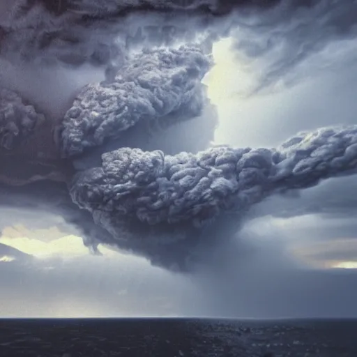 Image similar to dark storm clouds raining bright lava into the sea below, out at sea, huge swelling waves, 8k photorealistic, dramatic lighting, chiaroscuro