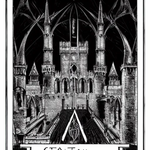 Image similar to an ultra detailed black and white tarot card of a lonely and impossibly tall ominous gothic dark citadel tower of the evil patriarch, battlements, castle wall, portcullis, in a river elevated high above the city, scary gothic architecture, ultrawide lense, aerial photography, exquisite detail, 8 k, art by greg rutkowski and alphonse mucha