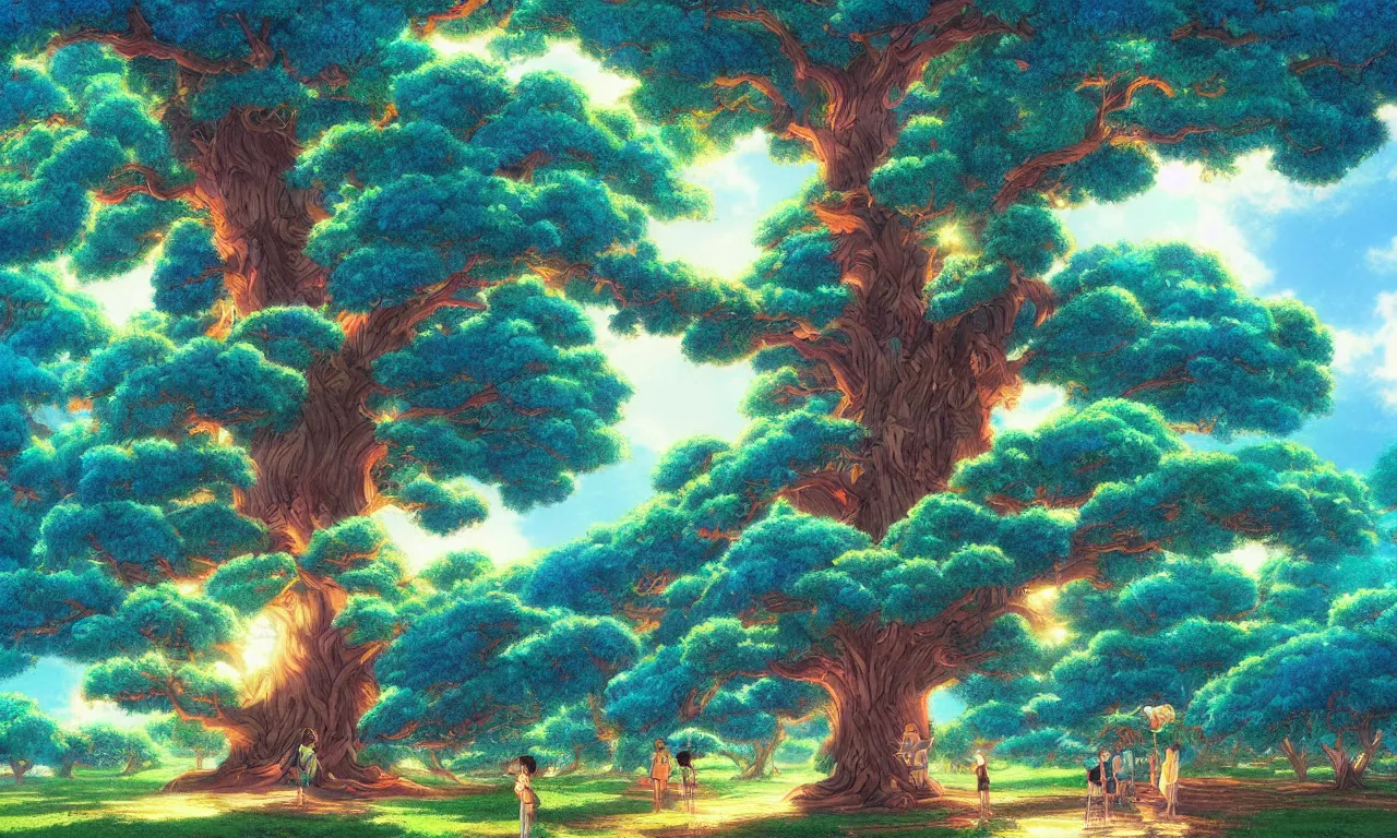 Prompt: a beautiful digital colorful illustration of a big banyan tree by studio ghibli, makoto shinkai and thomas kinkade