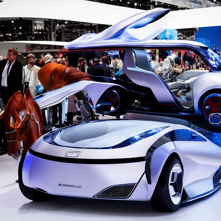 Prompt: space horse concept car on a Frankfurt Motor show in the future, sci-fi, fantasy, Sigma 35mm f/2.8 DG DN Art