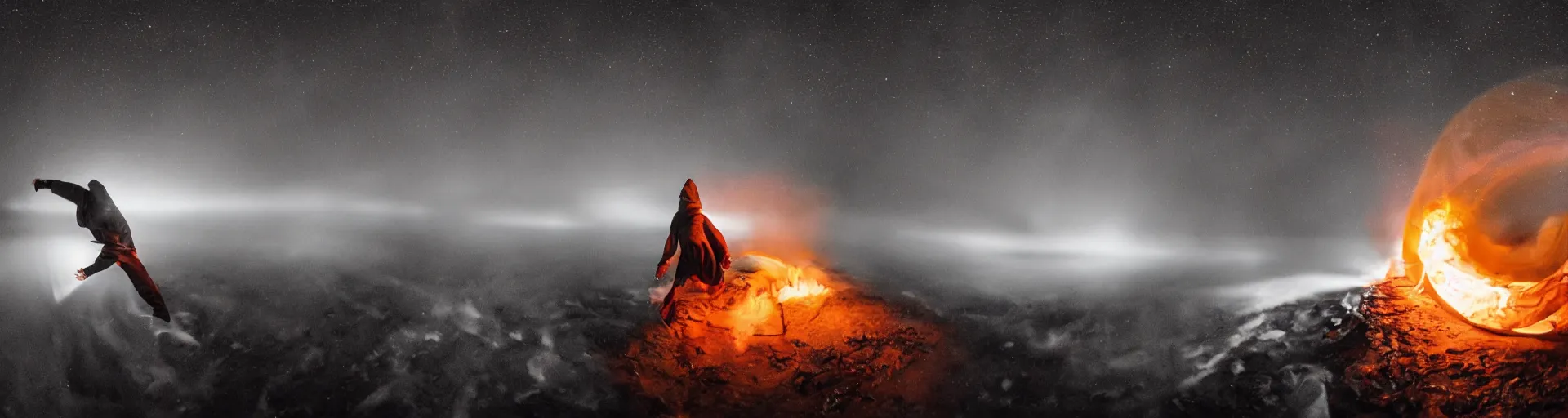 Prompt: fisheye slow motion with trail fire effect of break dancer wearing long dark cloak, Giant A letter emitting fire, long exposure shot , enigmatic, at night in the middle of the arctic, paddle of water, steam, fog, water splashes, rim lights, glossy reflections, water droplets on lens, octane render, Volumetric dynamic lighting, stunning cover magazine, high details,