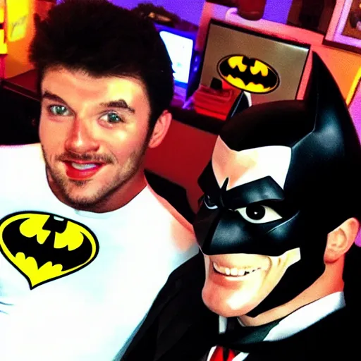 Image similar to batman happy to take a selfie with mario