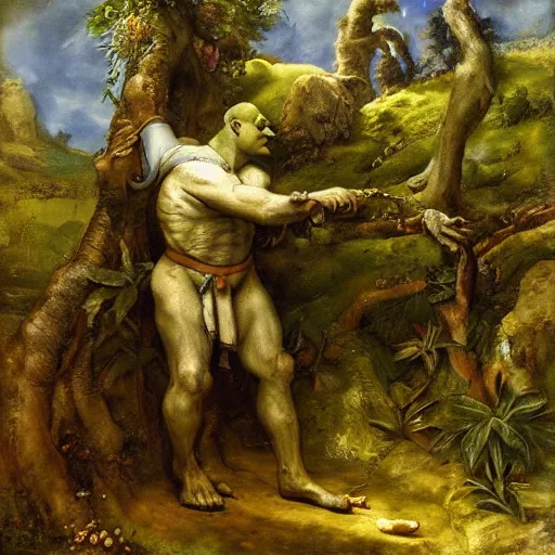 Prompt: portrait of shrek in the garden of eden, beautiful painting by jan matejko, rich lighting