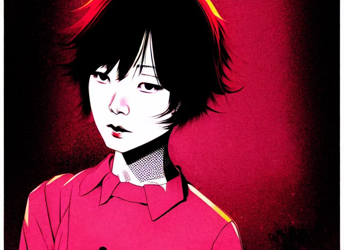 Image similar to editorial illustration colorful, anime portrait of shiina ringo, katsuhiro otomo, manga, ilya kuvshinov, fine texture, realistic shading, fine details, matte colors, film noir, dramatic lighting, dynamic composition, mucha, moody, vivid, volumetric, stippled lighting