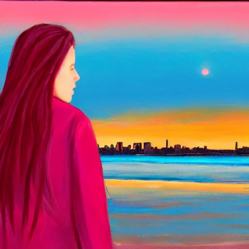 Prompt: lonely young woman with red hair, magenta coat, and light blue pants ; wandering a beach at sunset with a city skyline on the horizon, oil painting, warm lighting, swimming pool in foreground