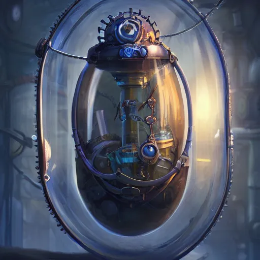 Prompt: transparent glass giant tube with a baby embryo inside, steampunk glass chamber, glass wires plugin to the transparent clone tube, human embryo, giant embryo tube, creature embryo, bright masterpiece artstation. 8 k, sharp high quality artwork in style of jose daniel cabrera pena and greg rutkowski, concept art, blizzard warcraft artwork, hearthstone artwork