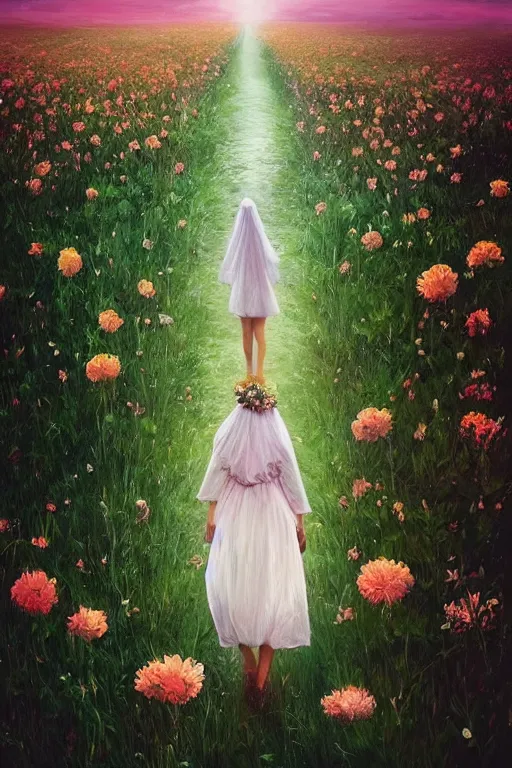 Image similar to giant white flower crown as head, veil girl walking in a flower field, surreal photography, sunrise, dramatic light, impressionist painting, colorful clouds, digital painting, artstation, simon stalenhag