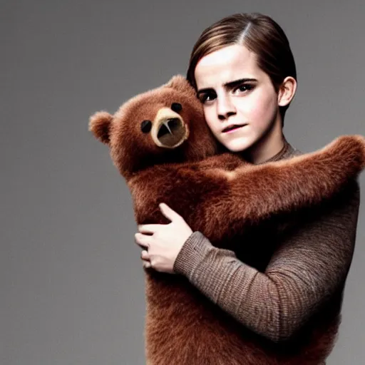 Image similar to emma watson putting a bear in a sleeper hold