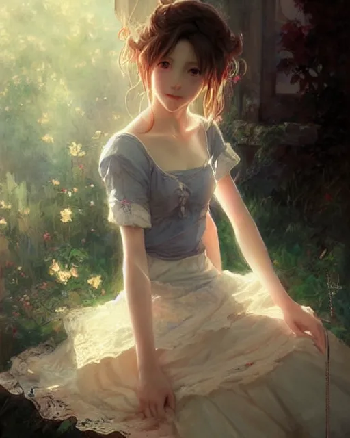 Prompt: aerith gainsborough in lace skirt, portrait, illustration, rim light, top light, perfectly shaded, soft painting, art by krenz cushart and wenjun lin