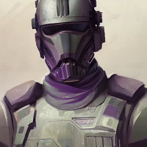 Prompt: concept art of a portrait by greg rutkowski, a soldier of the galactic dominion wearing gray and purple tactical gear, star wars expanded universe, smooth, sharp focus, artstation hq.