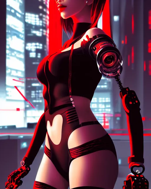 Image similar to a detailed potrait of a cyberpunk cyborg girl with black and red parts, perfect face, realistic shaded perfect face, detailed. night setting. very anime style. realistic shaded lighting poster by ilya kuvshinov katsuhiro, unreal engine, global illumination, radiant light, detailed and intricate environment, full length and white stockings