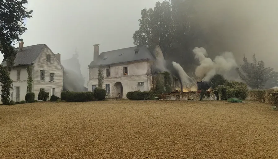 Image similar to mini dv camera found footage of a heavy burning french style little house, heavy rain, foggy, in a small northern french village, heavy grain, very low quality, high detail, dramatic light