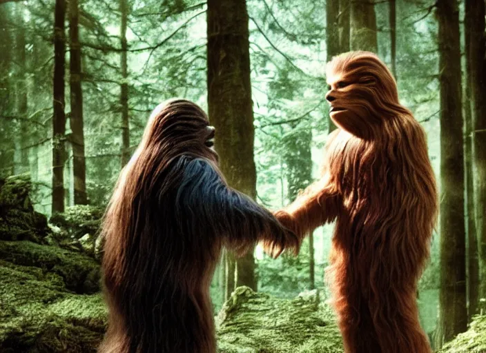 Image similar to donald trump shaking hands with chewbacca on the forest moon of endor, 3 5 mm photography, highly detailed, cinematic lighting