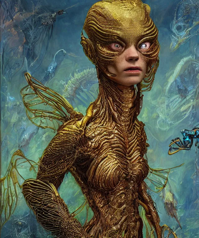 Prompt: a portrait photograph of a fierce sadie sink as a strong alien harpy tomboy with amphibian skin. she trying on a glowing and fiery lace shiny metal slimy organic membrane parasite and transforming into an evil insectoid snake bird. by donato giancola, walton ford, ernst haeckel, peter mohrbacher, hr giger. 8 k, cgsociety