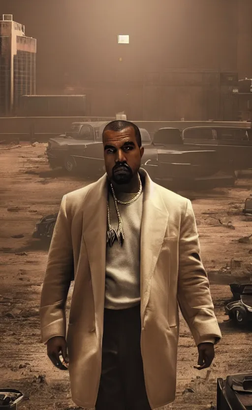 Image similar to Portrait of Kanye West as a mobster in Fallout New Vegas, splash art, movie still, cinematic lighting, dramatic, octane render, long lens, shallow depth of field, bokeh, anamorphic lens flare, 8k, hyper detailed, 35mm film grain