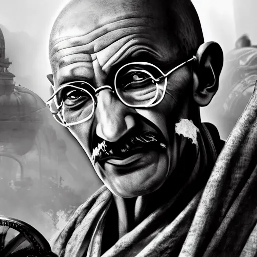 Image similar to Portrait of Mahatma Gandhi in Gears of War, splash art, movie still, cinematic lighting, dramatic, octane render, long lens, shallow depth of field, bokeh, anamorphic lens flare, 8k, hyper detailed, 35mm film grain