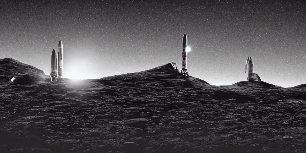 Prompt: black and white photo of a futuristic rocket landing on bright mars, black background with glowing stars and satalites, cinematic film still, high contrast, astrophotography, 4 k, hard lighting, ray tracing, cel shading, cgo, octante render,