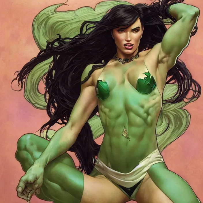 Prompt: megan fox as female hulk by artgerm, greg rutkowski, alphonse mucha