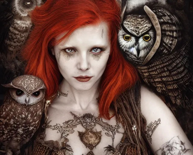 Image similar to 5 5 mm portrait photo of an armored gorgeous anesthetic redhead woman warrior with a face tattoo and horns growing from her head, and owl sitting on her shoulder in a magical forest in the style of stefan kostic, art by luis royo. highly detailed 8 k. intricate. lifelike. soft light. nikon d 8 5 0. cinematic post - processing