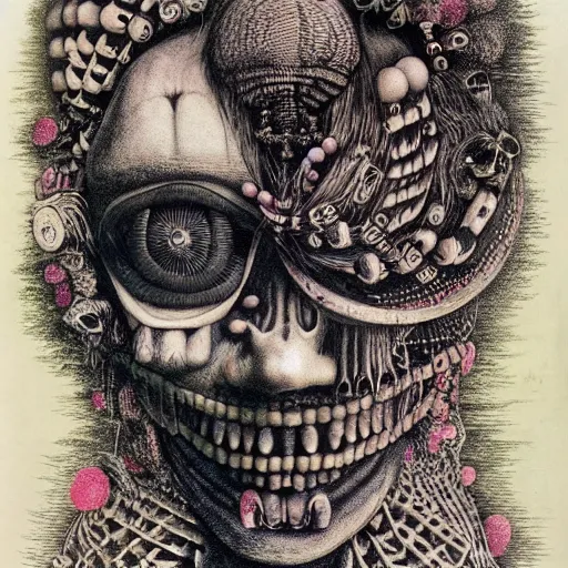 Image similar to post - punk new age album cover, magic, apocalypse, psychedelic, psychonaut, black white pink, magic, giger h. r., giuseppe arcimboldo