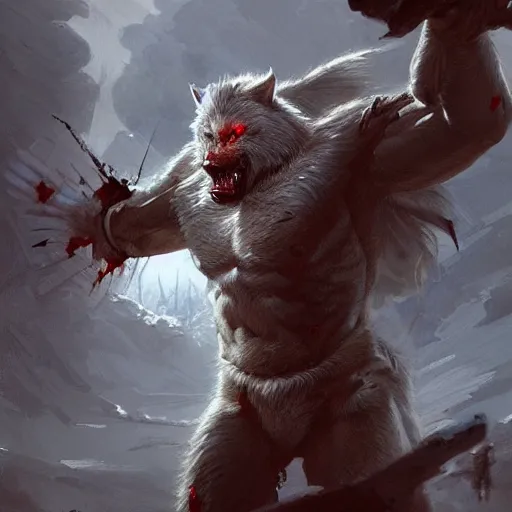 Prompt: very detailed painting of a Tribal bloodied white Werewolf with russian armor, featured in artstation, concept art by Greg Rutkowski, WLOP, Dan Mumford, Christophe Vacher