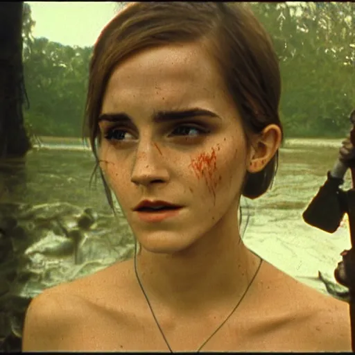 Image similar to film still, close up, emma watson rising out of muddy vietnam river, face covered in mud, low camera angle at water level, night time, film still from apocalypse now ( 1 9 7 9 ), 2 6 mm