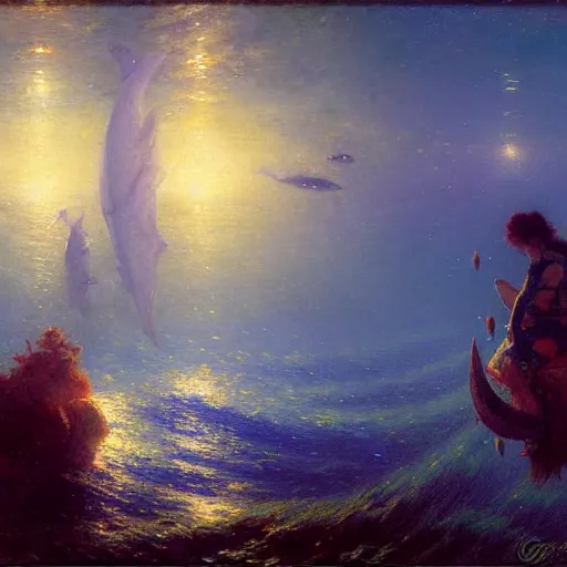 Image similar to point of view of deep in the ocean looking up, you see fishes, higher the milk way, night time, midnight. highly detailed painting by gaston bussiere, greg rutkowski 8 k