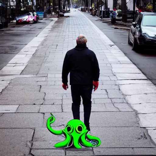 Image similar to photo of a man walk a cthulhu on the street, 8 k