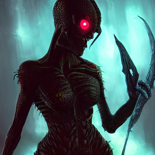 Prompt: dark art, Hot reptile humanoid woman, wearing armor, glowing yellow eyes, burning world, futuristic, digital art, artstation, concept art, 4k, 8k